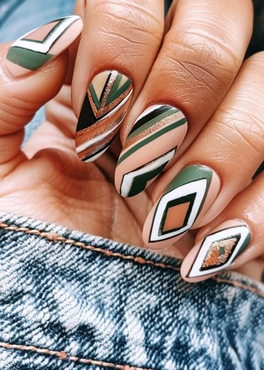 Intricate geometric nail art featuring earthy tones and glittery accents on almond-shaped nails.