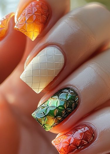 Beauty of geometric nail art featuring fall-inspired colors and textured designs.