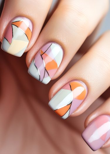 Elegant geometric pastel nail art with meticulous designs and high gloss finish.