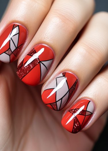 Elegant geometric pattern nail art with bold colors and glossy finish for a stunning manicure.