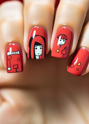 Creative geometric red nail art featuring minimalist cartoon designs and a glossy finish.