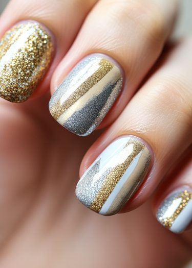 Luxurious gold, silver, and white metallic nail art showcasing intricate glitter and elegant patterns.