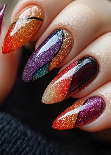 Vibrant stiletto nails featuring glittery gradient designs and elegant black patterns for stylish nail art.