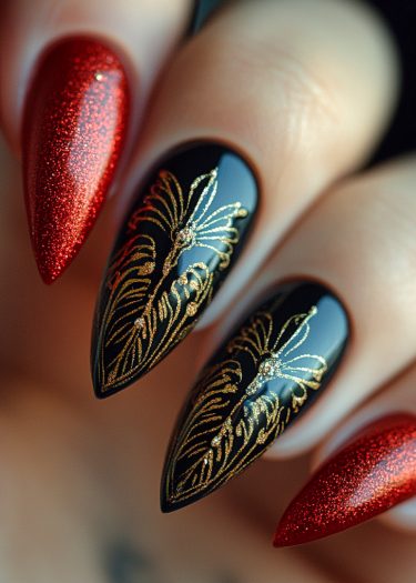 Elegant red and black manicure with glitter and gold designs for a glamorous look.