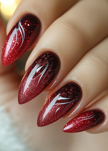 Elegant burgundy nails with glitter and white designs for a glamorous manicure look.