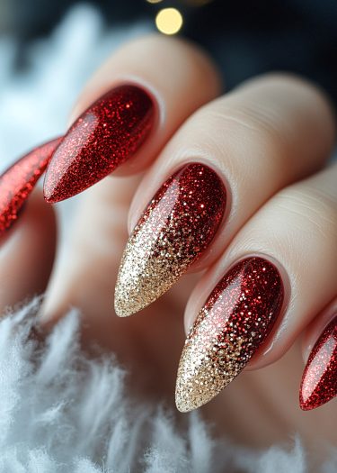 Elegant almond-shaped nails with a shimmering red and gold ombre design, perfect for holidays.