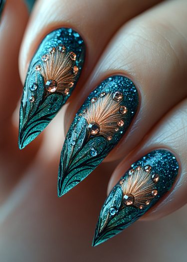 Glamorous teal stiletto nails with metallic copper design and rhinestones for stunning nail art.