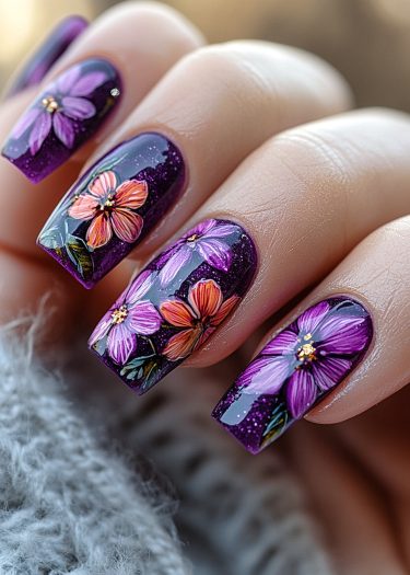 Vibrant floral nail art on deep purple nails, showcasing intricate designs and glossy finish.