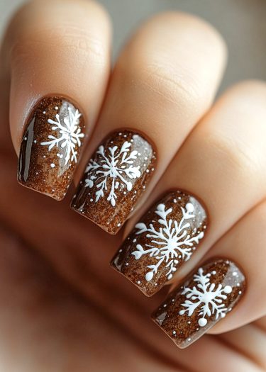 Gorgeous brown glitter snowflake nails with intricate designs for autumn and winter themes.