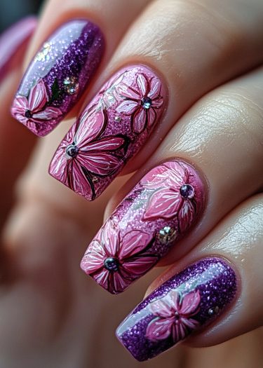 Vibrant floral nail art with glittery gradient and rhinestones in elegant almond shape.