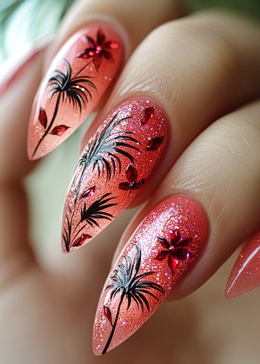 Exquisite stiletto nail art featuring glittery coral pink, black florals, and red rhinestones.