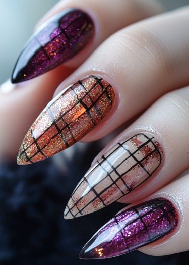 Vibrant stiletto nails with glitter and geometric patterns for stunning nail art inspiration.