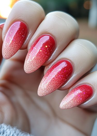 Elegant almond-shaped nails featuring a vibrant red to pink glitter gradient design.