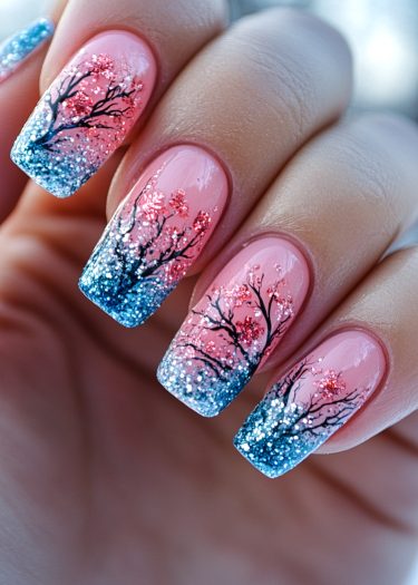 Elegant pink cherry blossom nail art with glitter gradient for a stunning manicure.