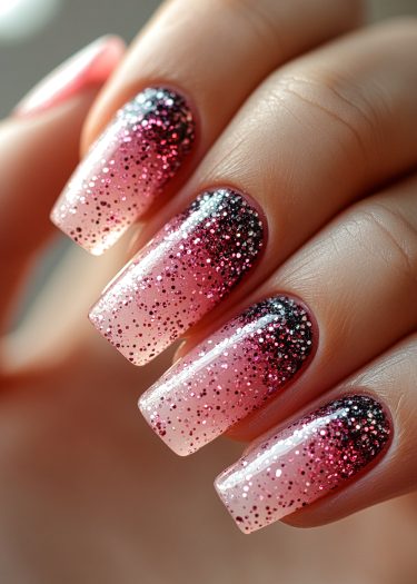 Glamorous glitter gradient nails with pink and black ombre design, perfect for elegant occasions.