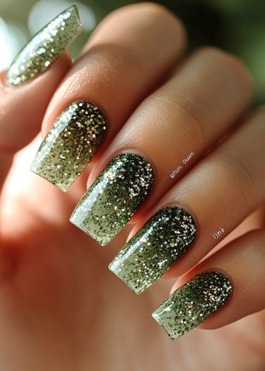 Elegant deep green manicure with sparkling glitter for a luxurious and trendy nail art look.