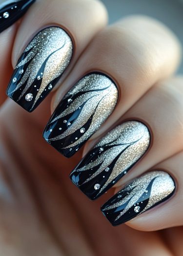 Elegant silver and black glitter ombre nail art with rhinestones for a glamorous look.