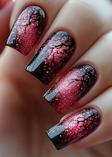 Elegant glitter ombre nails with intricate black branch patterns on a manicured hand.