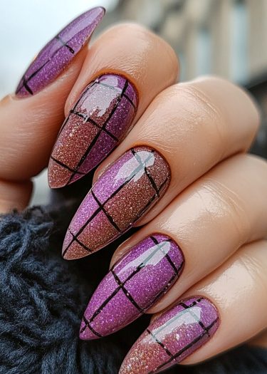 Glamorous stiletto nail art features glittery gradient designs with geometric patterns for chic elegance.