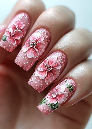 Elegant pink glitter nails with intricate floral designs for a sophisticated manicure look.