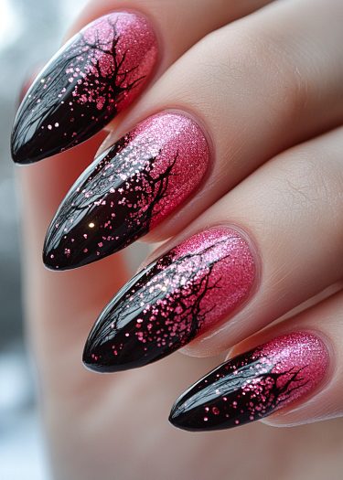 Stunning gradient pink and black nail art with glitter and delicate tree branch designs.