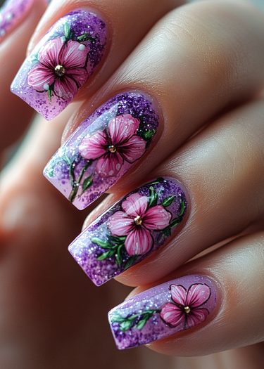 Vivid purple floral nail art with glitter and intricate hibiscus designs for elegant style.