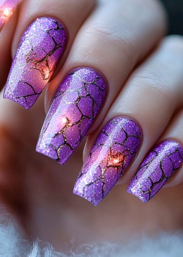 Elegant purple glitter nail art with black crackle design and rose gold accents.