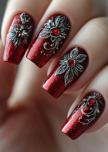 Elegant glittering red nails with intricate floral designs and gemstone accents.