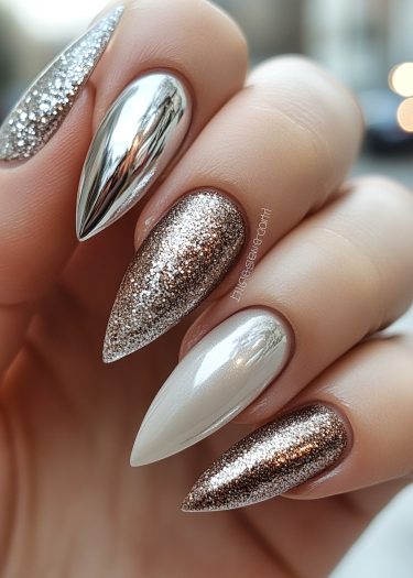 Elegant stiletto nails with chrome, glitter, and pearlescent designs for a stunning manicure.