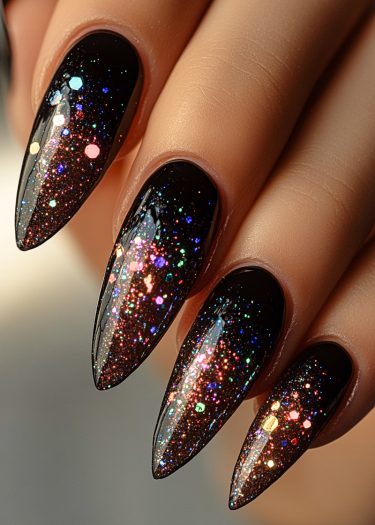 Elegant stiletto nails with black polish and vibrant glitter create a stunning galaxy effect.