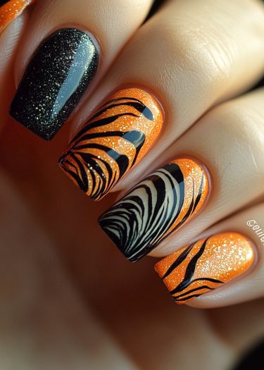 Vibrant glittery black and orange animal print nail art design with striking zebra and tiger patterns.