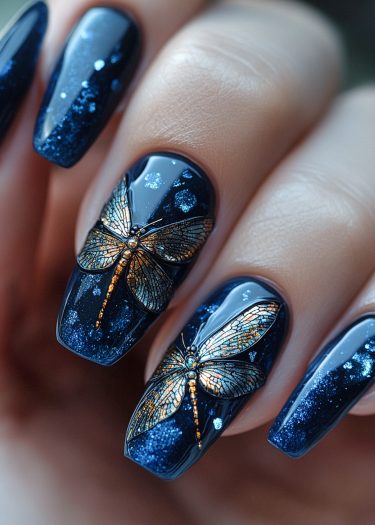 Elegant navy blue dragonfly nails with metallic designs create a stunning, artistic manicure.