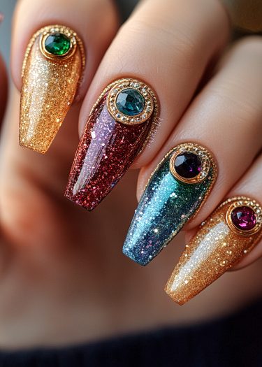 Stunning glittery nail art with rhinestones and vibrant colors for elegant manicured nails.