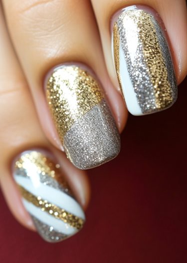 Elegant gold and silver glitter nail art with intricate designs for a glamorous look.