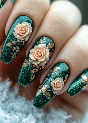 Elegant glittery green nail art with peach roses and gold accents, perfect for winter chic styles.