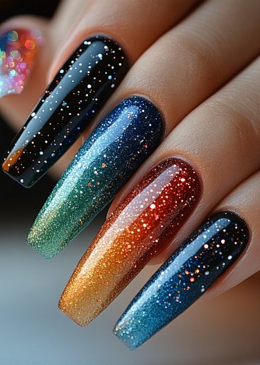 Gorgeous glittery nail art featuring colorful ombre designs in elegant coffin shape.