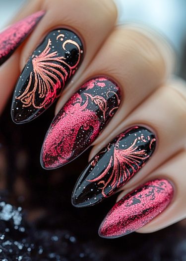 Stunning glittery pink and black stiletto nail art with intricate patterns and high shine.