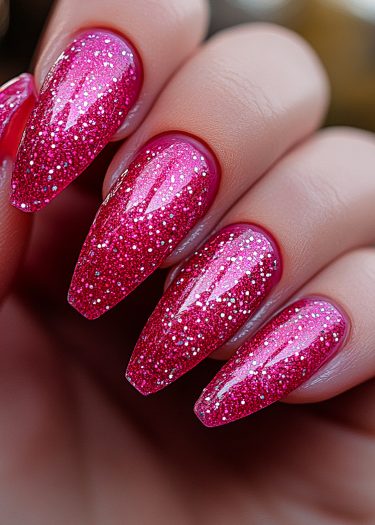 Vibrant pink almond-shaped nails with glitter create a glamorous and festive nail design.