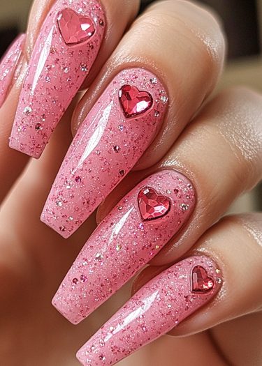 Glossy pink coffin nails with glitter and heart-shaped rhinestones for a chic, festive look.