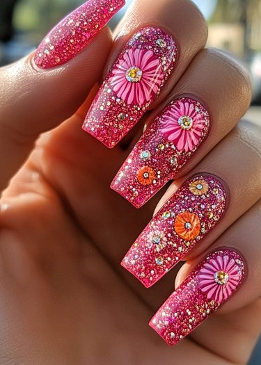 Extravagant glittery pink floral nail art with shimmering rhinestones and vibrant colors in natural light.