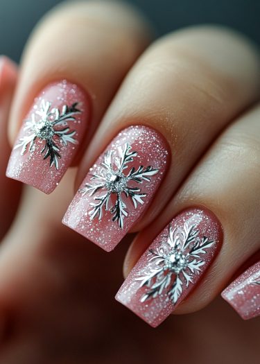 Sparkling pink nails with silver snowflake designs for a festive winter look.