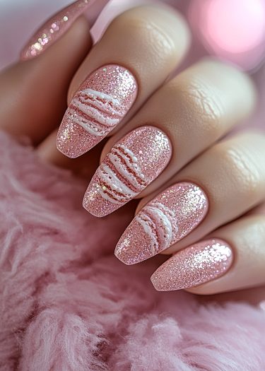 Glamorous glittery pink stiletto nails with intricate designs on a plush pink background.