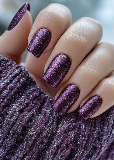 Glamorous glittery purple nails with a cozy knitted sweater, showcasing elegance and seasonal style.