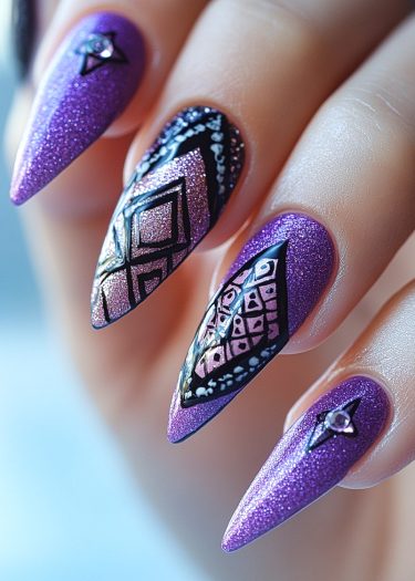 Stunning glittery purple stiletto nails with intricate geometric art and sparkling embellishments.