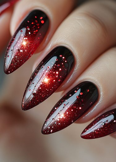 Stiletto red and black glitter nails showcase a luxurious ombré design and glossy finish.