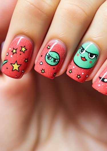 Cosmic-themed glittery red nail art featuring playful stars and cute cartoon faces.