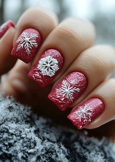 Glistening red manicure with snowflake designs, perfect for winter holiday celebrations.