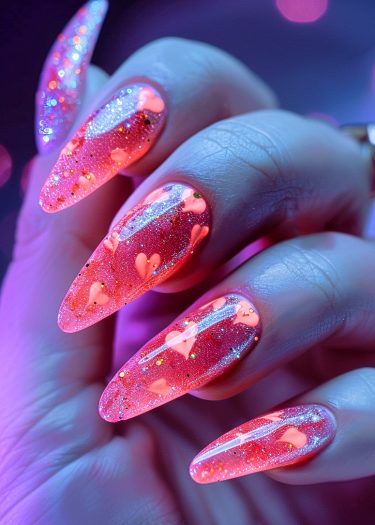 Vibrant acrylic nails feature sparkling heart designs and colorful glitter for a stunning look.