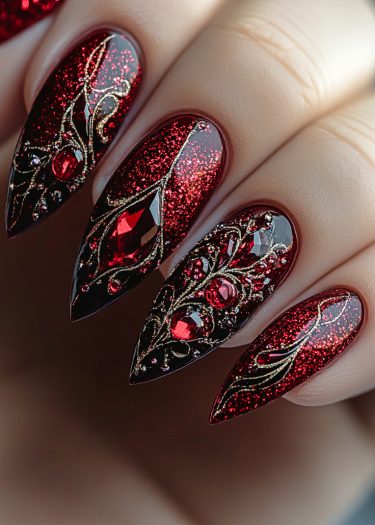 Glamorous glittery red stiletto nails with gold filigree and rhinestone accents for a stunning look.