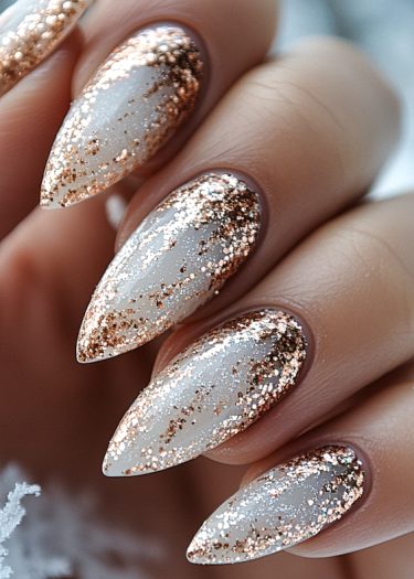 Stunning stiletto nails with rose gold glitter, perfect for festive winter celebrations.